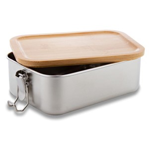 Stalowy lunch box z bambusową przykrywką
